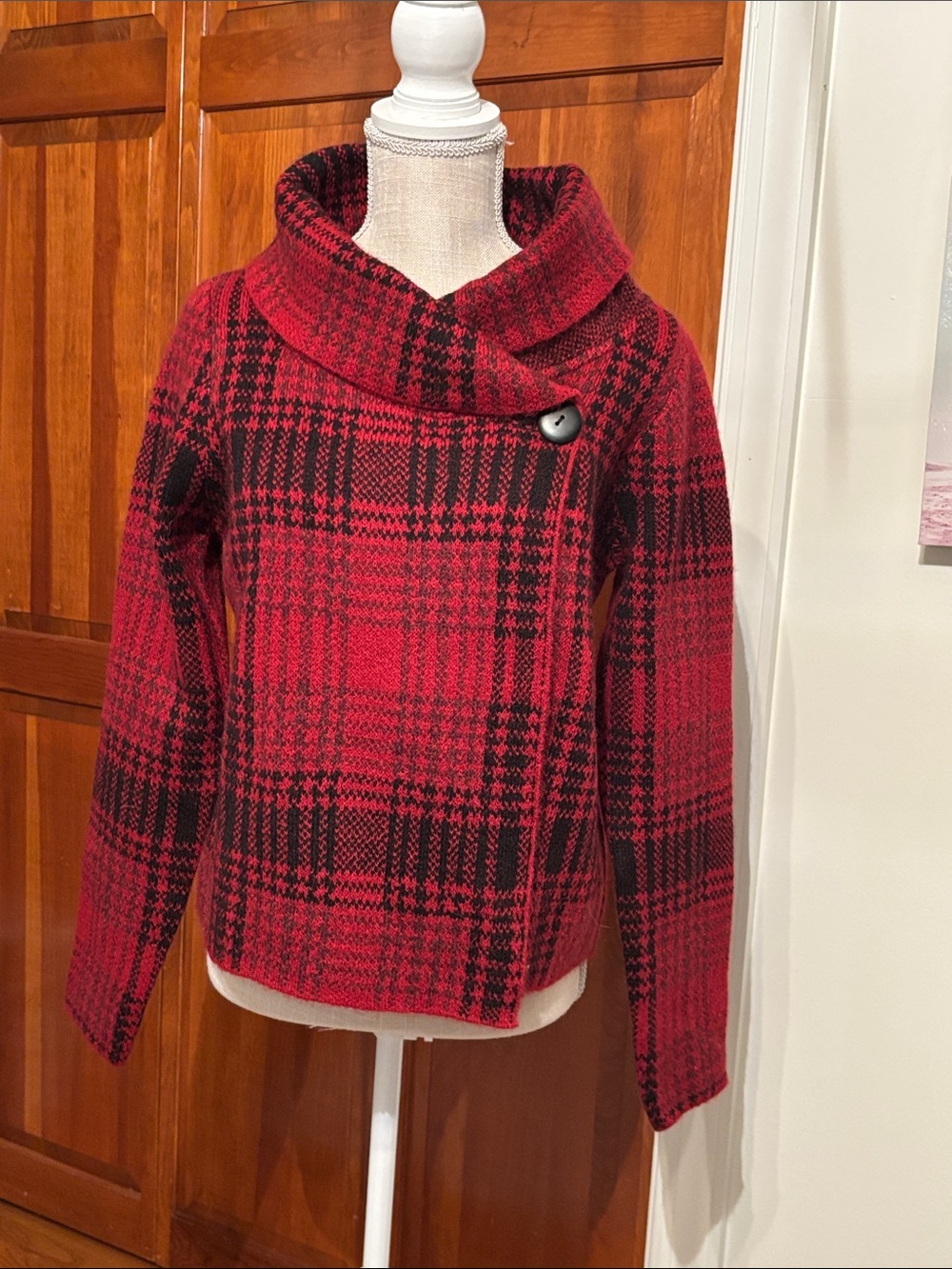 Christian Siriano  Red and Black Plaid Asymmetrical Button Sweater Jacket